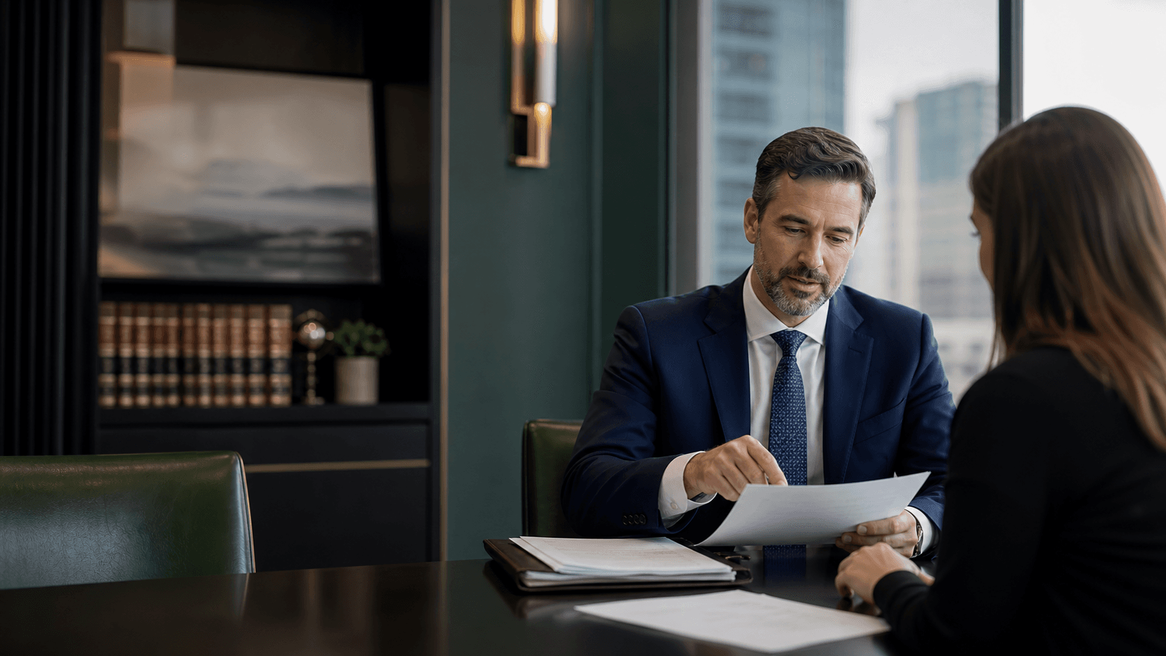 Attorney reviewing documents with a client in a professional law office